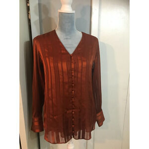 Chico’s Bow Blouse Button Up Sheer Shadow stripe Terracota Size O Small New
